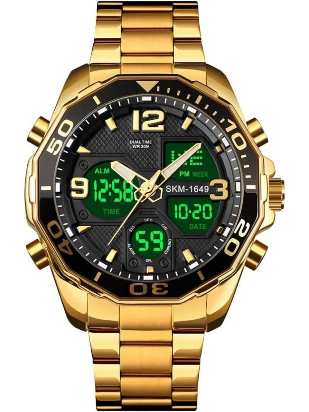 Mens Gold Analog Multi Times Military Stainless Steel Chronograph Digital Watch